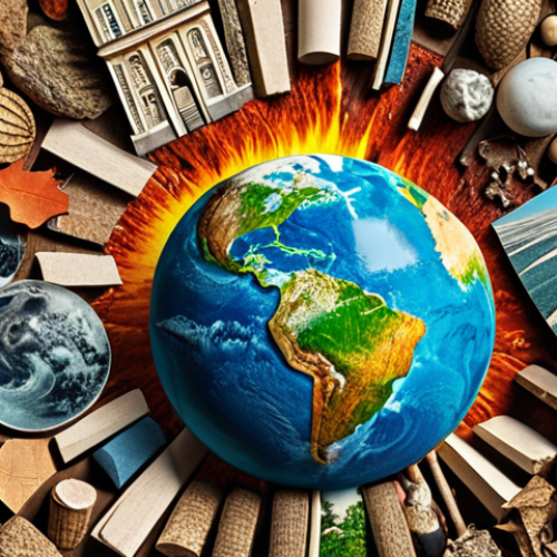 **

Collage art depicting climate change impact, combining old & new images with diverse textures & colors.

**