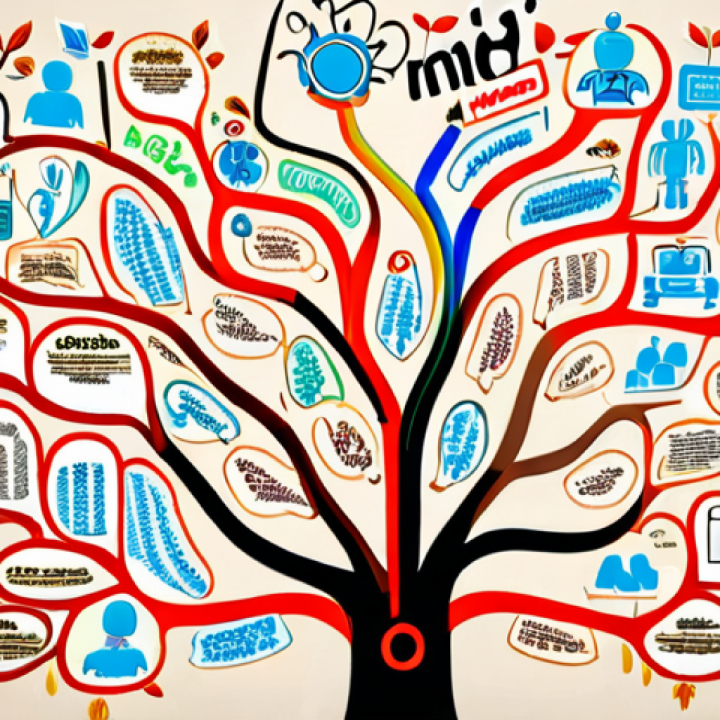 **A mind map for blog content planning, filled with colorful branches, keywords, and icons, representing brainstorming and creative idea generation.**