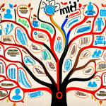 **A mind map for blog content planning, filled with colorful branches, keywords, and icons, representing brainstorming and creative idea generation.**