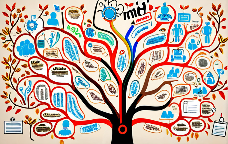 **A mind map for blog content planning, filled with colorful branches, keywords, and icons, representing brainstorming and creative idea generation.**