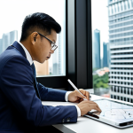 A focused professional, fully clothed in a modest business suit, seated at a sleek modern desk in a well-lit contemporary office. The subject is thoughtfully sketching a detailed mind map on a large digital tablet, illustrating a complex concept with clear diagrams and concise notes. The background shows a blurred window view of a city skyline, reflecting a professional urban environment in Malaysia. The image emphasizes clarity and efficient problem-solving through visual thinking. Perfect anatomy, correct proportions, natural pose, well-formed hands, proper finger count, natural body proportions, safe for work, appropriate content, appropriate attire, professional photography, high quality.