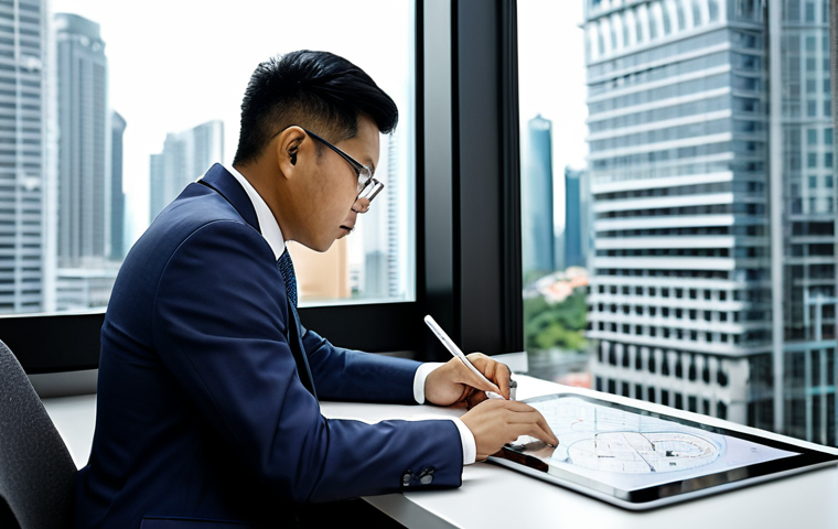 A focused professional, fully clothed in a modest business suit, seated at a sleek modern desk in a well-lit contemporary office. The subject is thoughtfully sketching a detailed mind map on a large digital tablet, illustrating a complex concept with clear diagrams and concise notes. The background shows a blurred window view of a city skyline, reflecting a professional urban environment in Malaysia. The image emphasizes clarity and efficient problem-solving through visual thinking. Perfect anatomy, correct proportions, natural pose, well-formed hands, proper finger count, natural body proportions, safe for work, appropriate content, appropriate attire, professional photography, high quality.