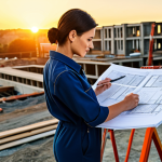 **

"A professional female architect in a modest and stylish jumpsuit, reviewing blueprints on a construction site at sunrise, fully clothed, appropriate attire, safe for work, perfect anatomy, correct proportions, natural pose, professional photography, high quality, golden hour lighting, family-friendly"

**