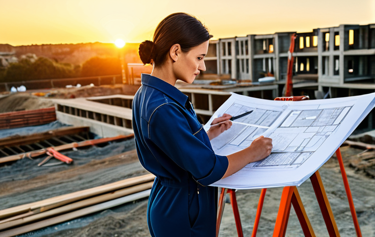 **
"A professional female architect in a modest and stylish jumpsuit, reviewing blueprints on a construction site at sunrise, fully clothed, appropriate attire, safe for work, perfect anatomy, correct proportions, natural pose, professional photography, high quality, golden hour lighting, family-friendly"
**